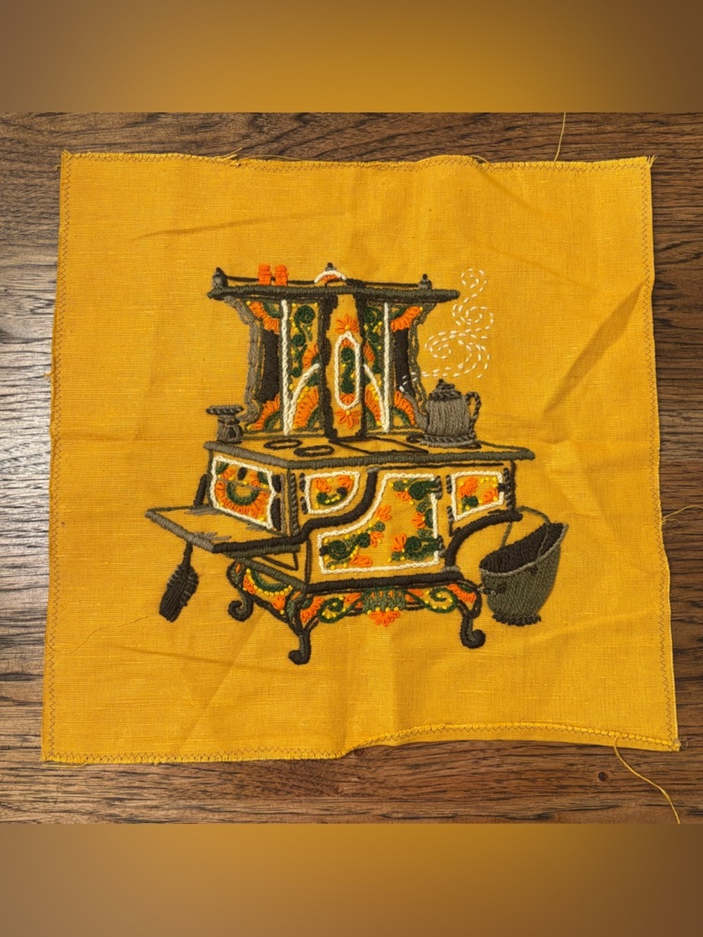 Vintage 1970s Crewel Embroidery Kitchen Stove Textile Art Mustard Folk Art